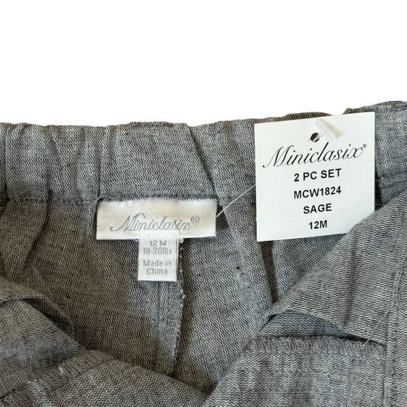 NWT MINICLASIX 2 Piece Woven Striped Shirt and Pant Set Sage Grey Size 12M - Picture 4 of 16